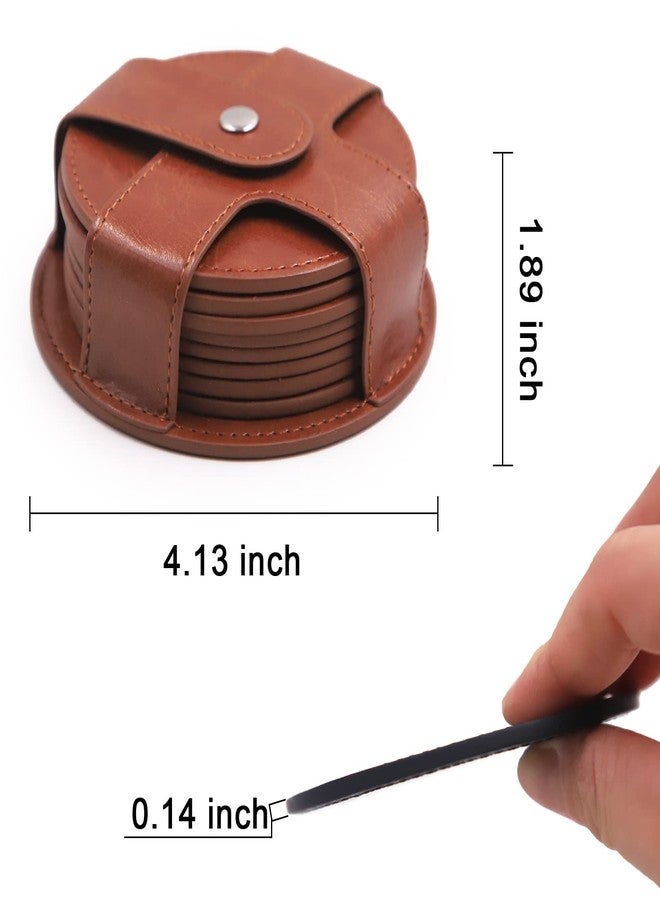 T TOSSOW TOSSOW PU Leather Coaster 8 Pcs with Holder, Durable and Non-Slip Coaster for Protection Tabletop, Wooden Table, Desk, Bar, Coasters Fit All Cups (Brown) - Image 2